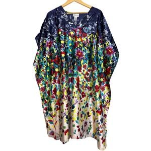 Vintage Satin Blue Floral House Dress One Size Satin Bright Multicolor Mumu
